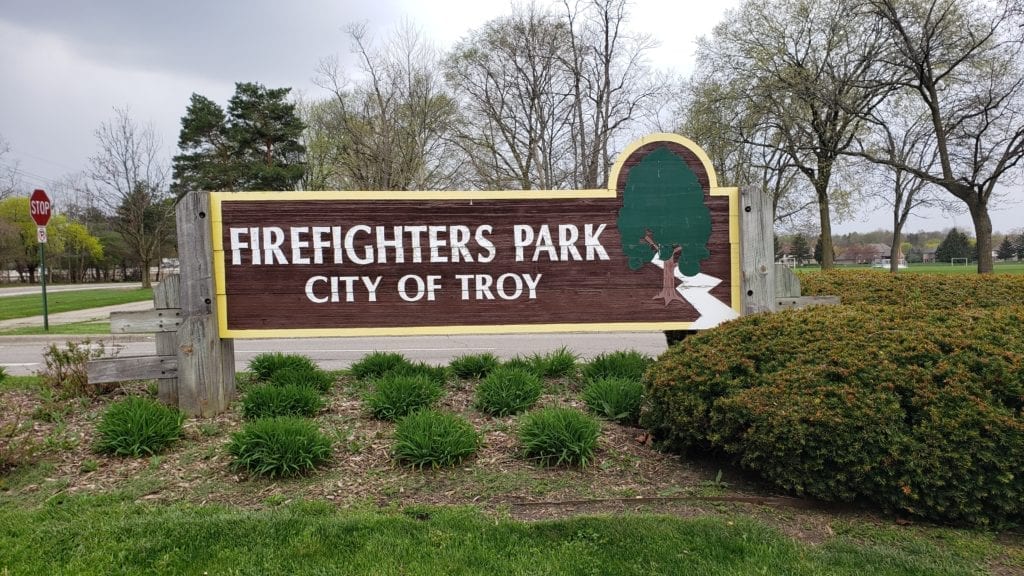 Firefighters Park in Troy sign