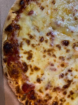 Kidcadia Play Cafe in Dearborn 8 Delicious close-up of a cheesy pizza slice showing melted cheese and crispy edges.