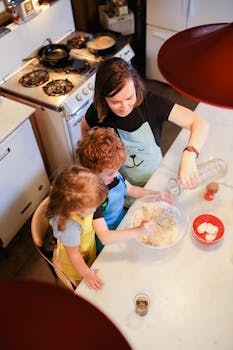 6 Practical Skills Parents Should Master for Their Michigan Home 3 Mother and children baking together in a kitchen, creating cherished family moments.